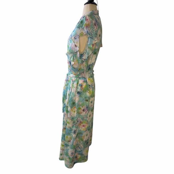 Catherine Malandrino Floral Midi Dress Large Ruffle Belted Pastel Blue Green - Picture 6 of 16